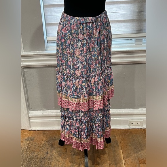 Rachel Zoe Pink Blue Multi Floral Tiered Ruffle Casual Summer Maxi Skirt Sz S-M - Picture 2 of 6
